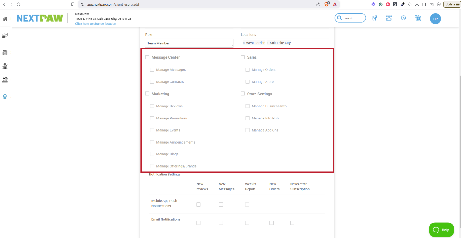 Role and Permissions Selection