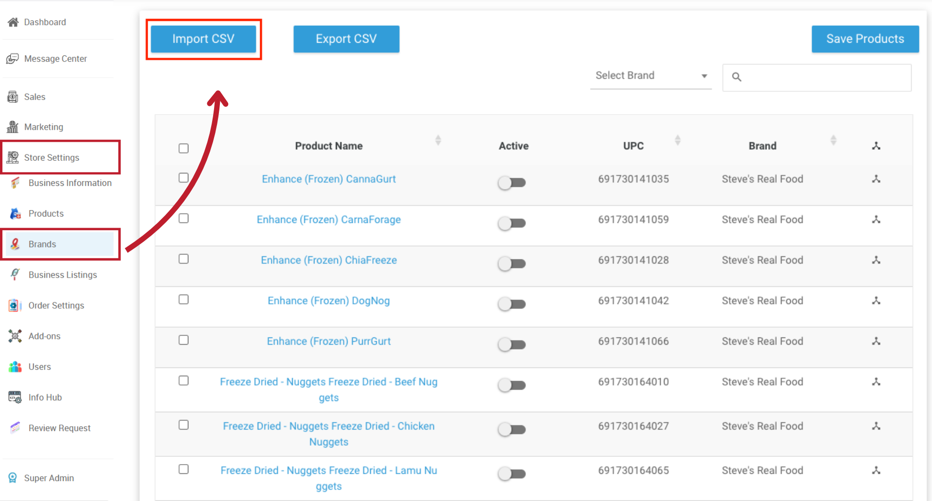 NextPaw products page showing import and manual options