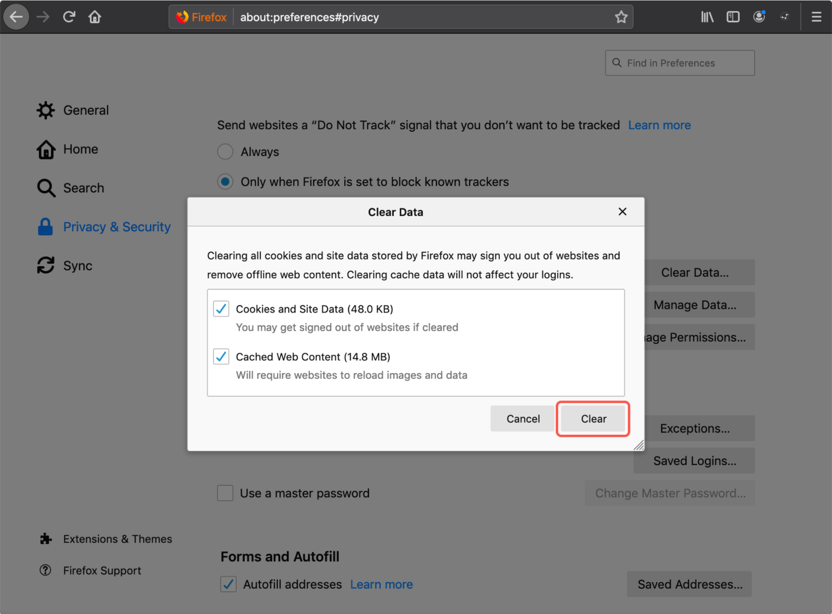 Firefox clear data confirmation dialog