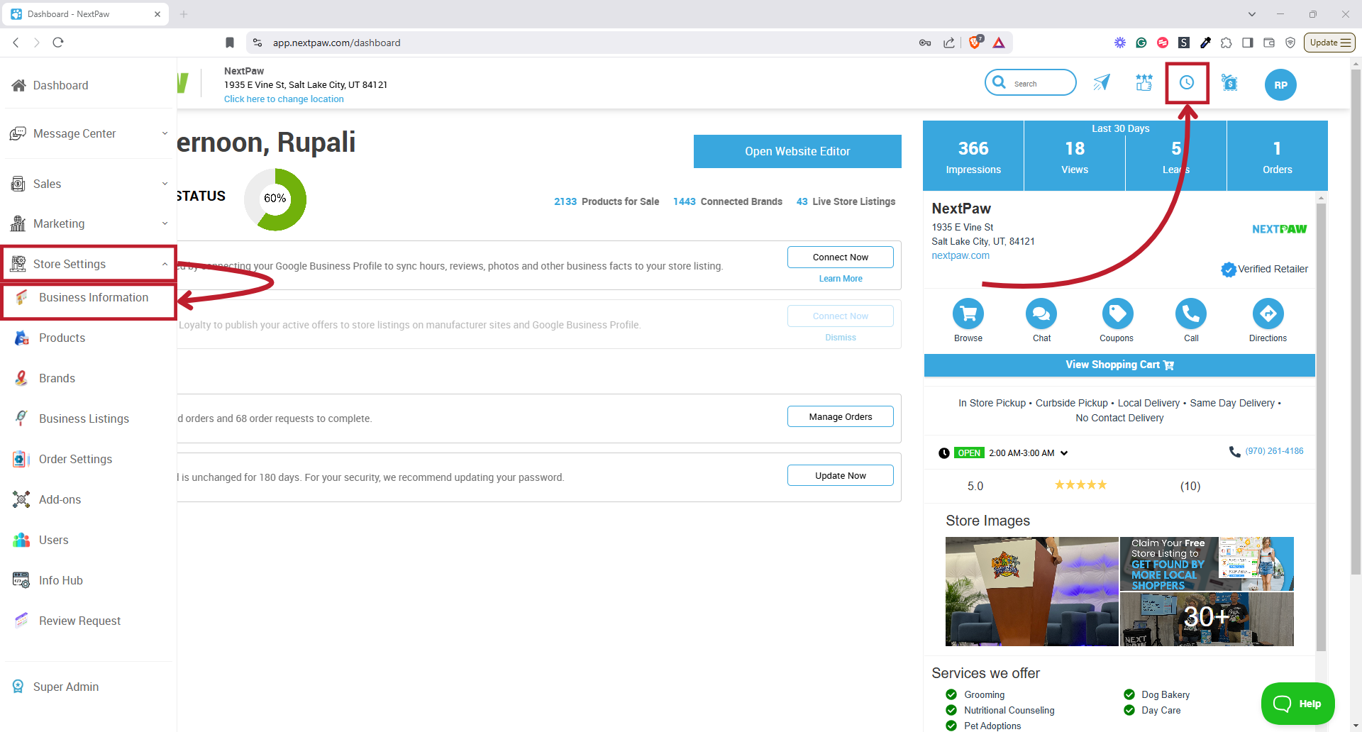 Store Settings Business Information Navigation