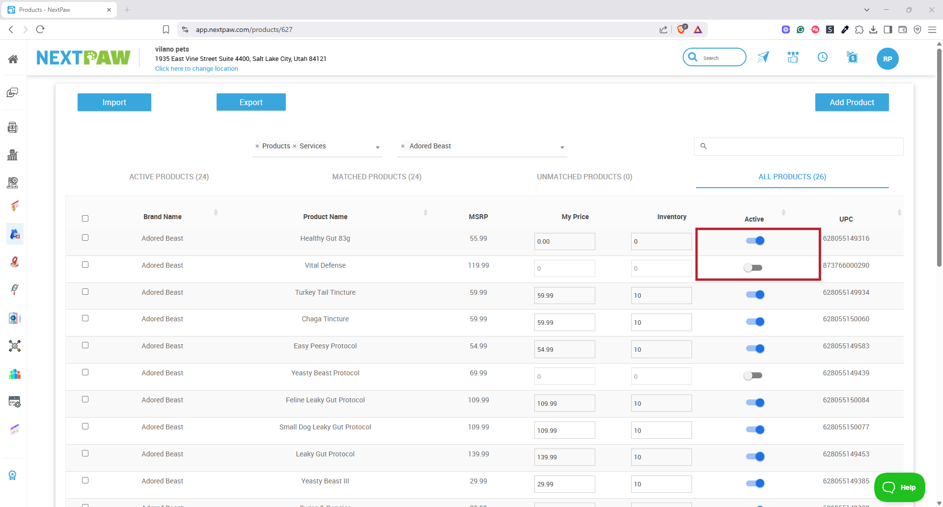 Product toggles showing enabled and disabled states