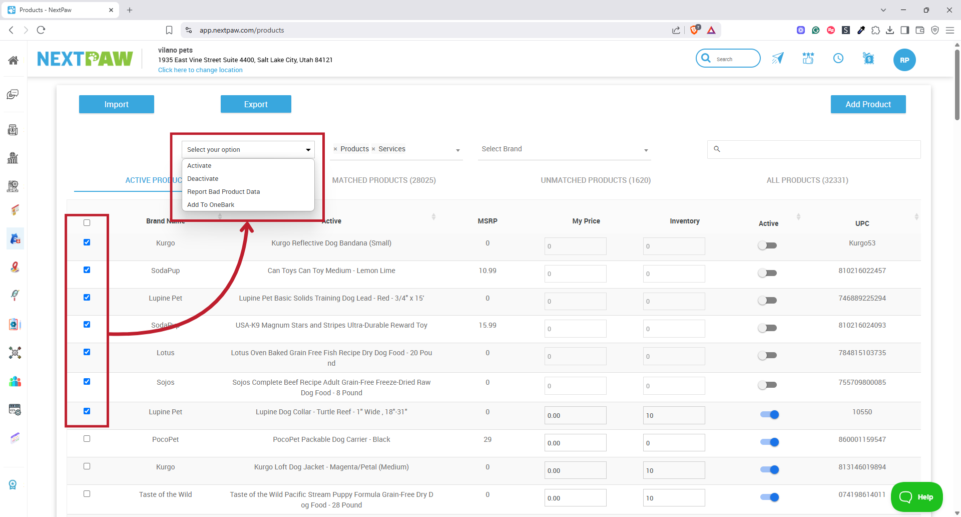 Bulk action dropdown menu for multiple product selection