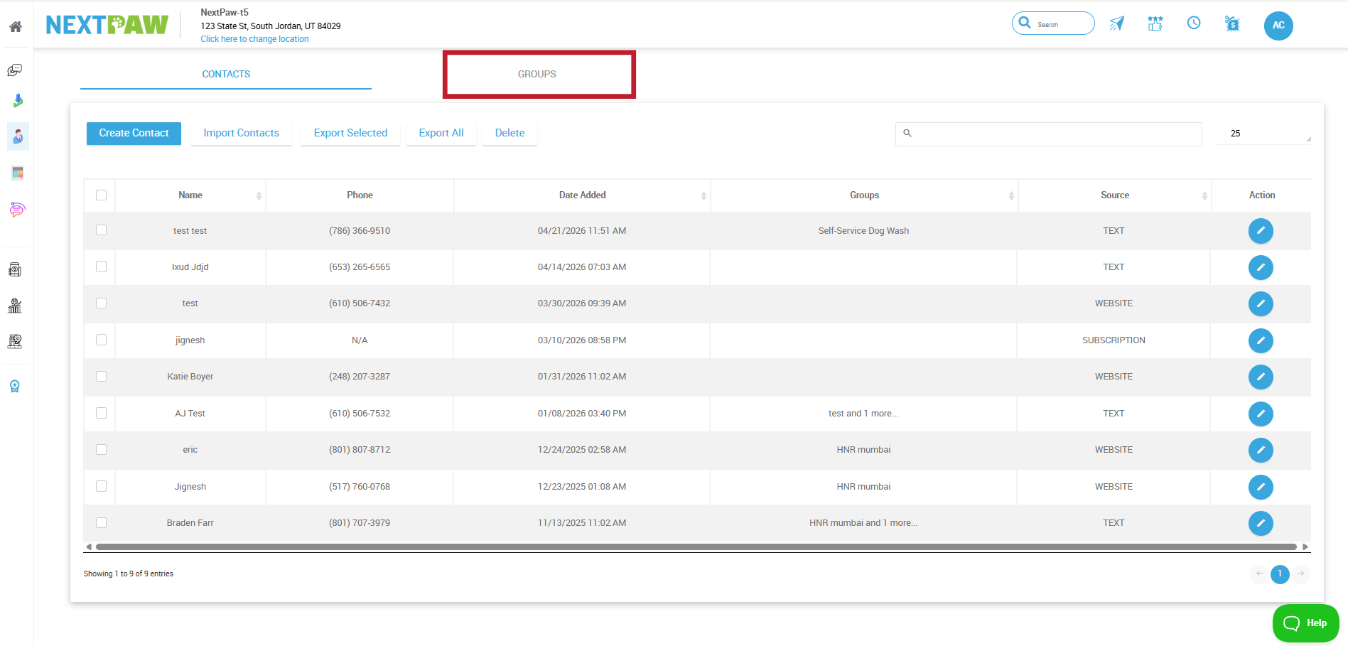 Group tab on Contacts page