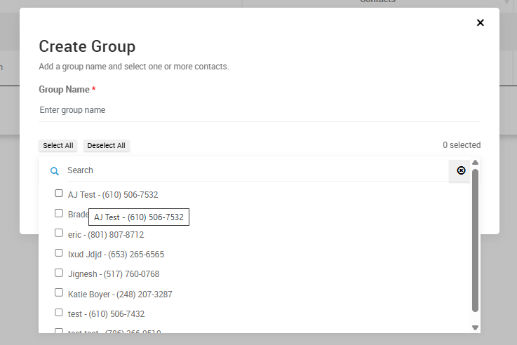 Create Group form with contact selection