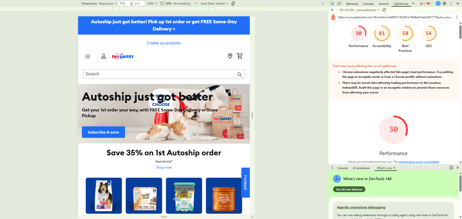 PetSmart homepage mobile Lighthouse scores