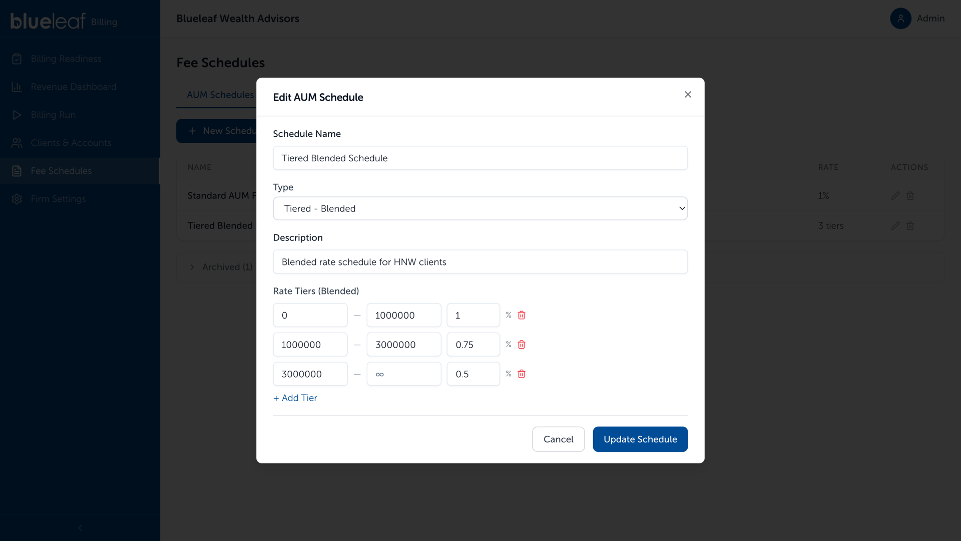 Fee Schedules, the AUM schedule editor with Rate Tiers