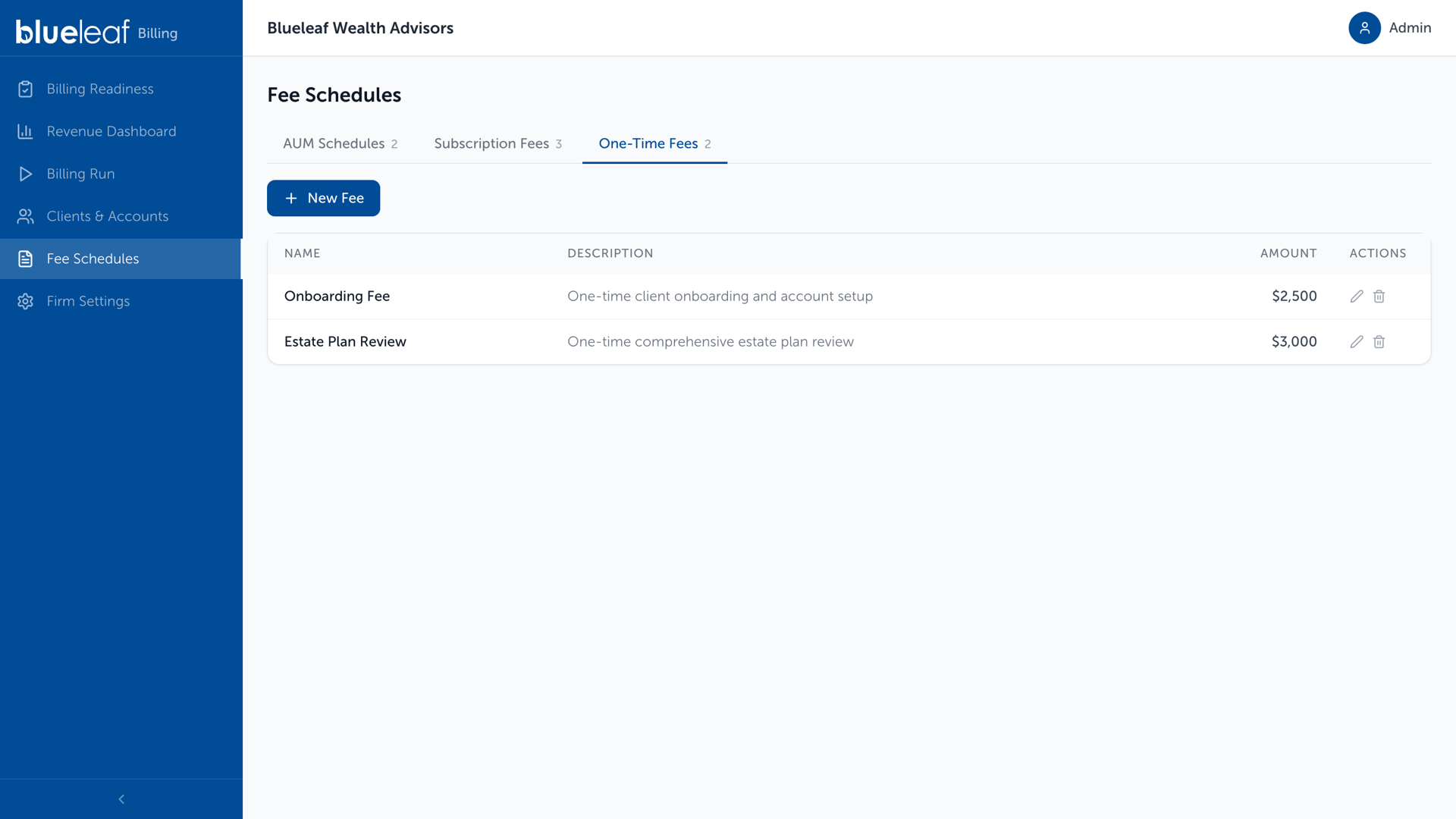 Fee Schedules, One-Time Fees tab