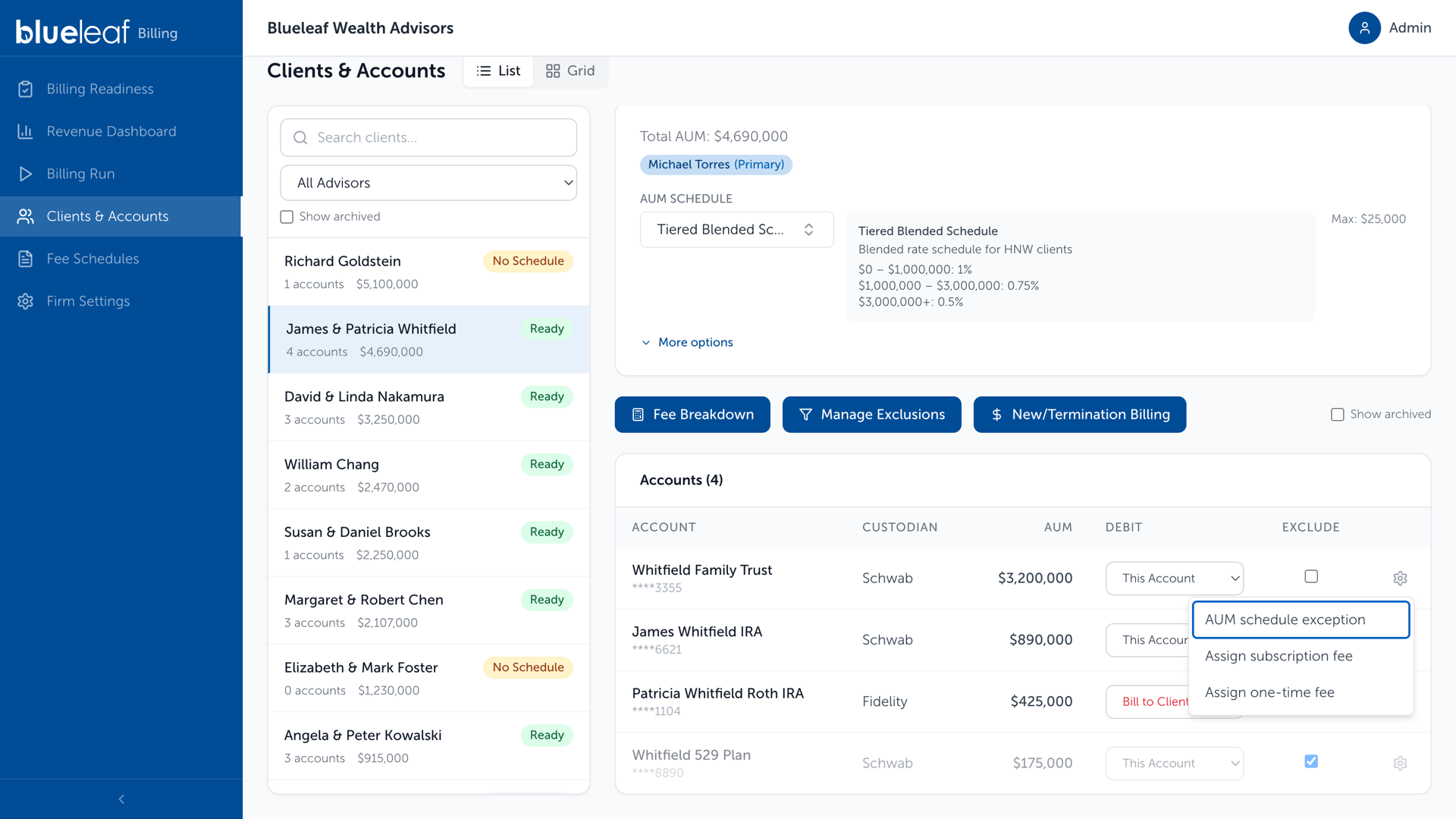 Clients & Accounts, the client’s accounts table with the per-account Actions menu open