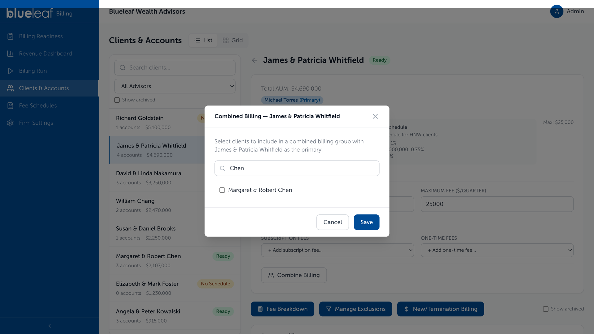 Combined Billing modal, selecting clients to group under a primary