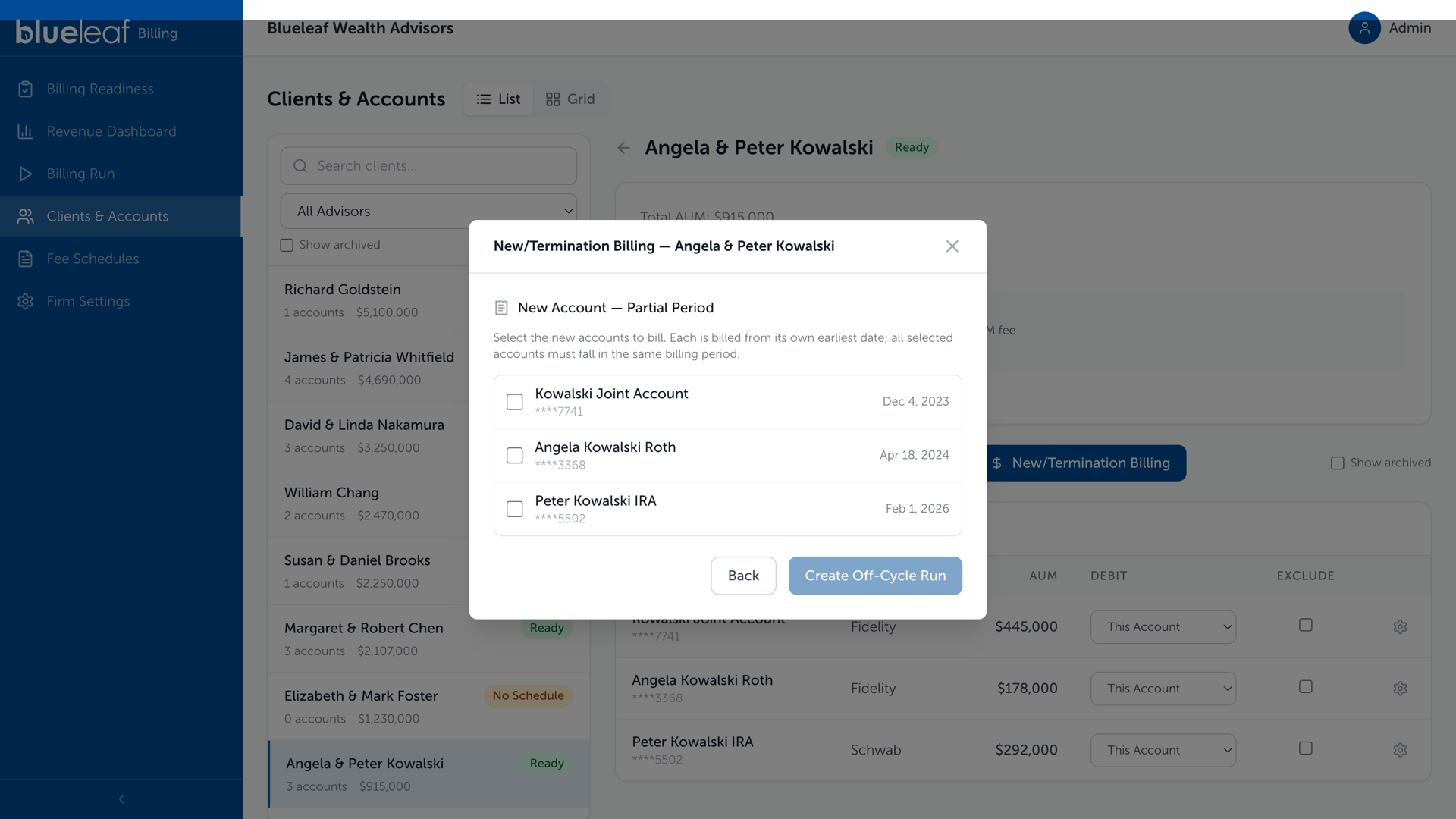 New/Termination Billing, selecting new accounts to bill