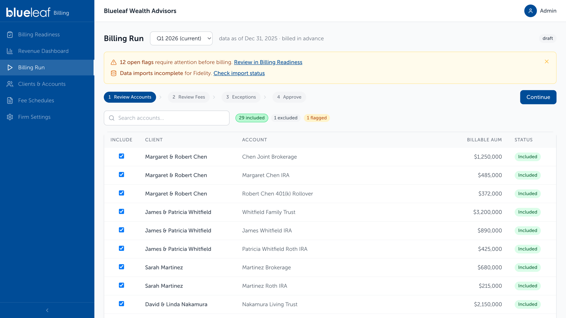 Billing Run, Review Accounts, showing the Include column and the status pills