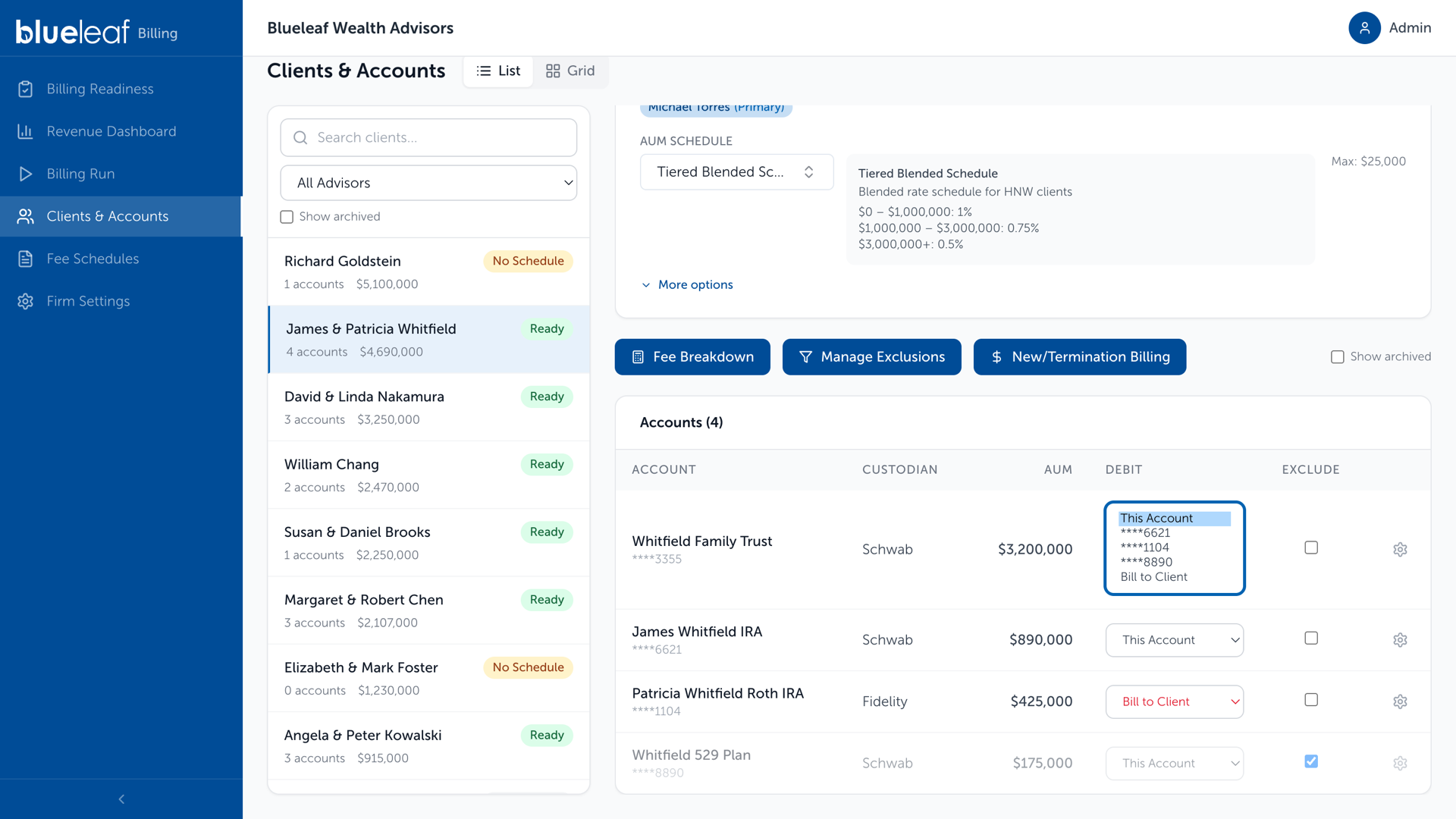 Client accounts table, the Debit column open on an account