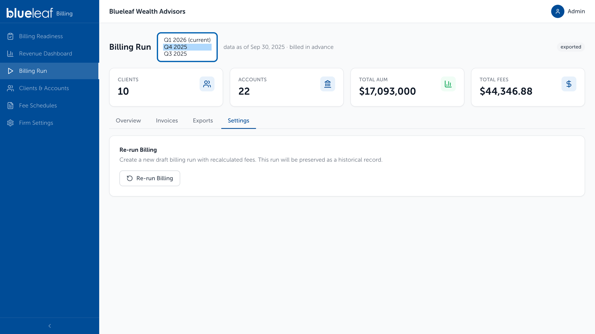Billing Run, the period picker open over a past cycle