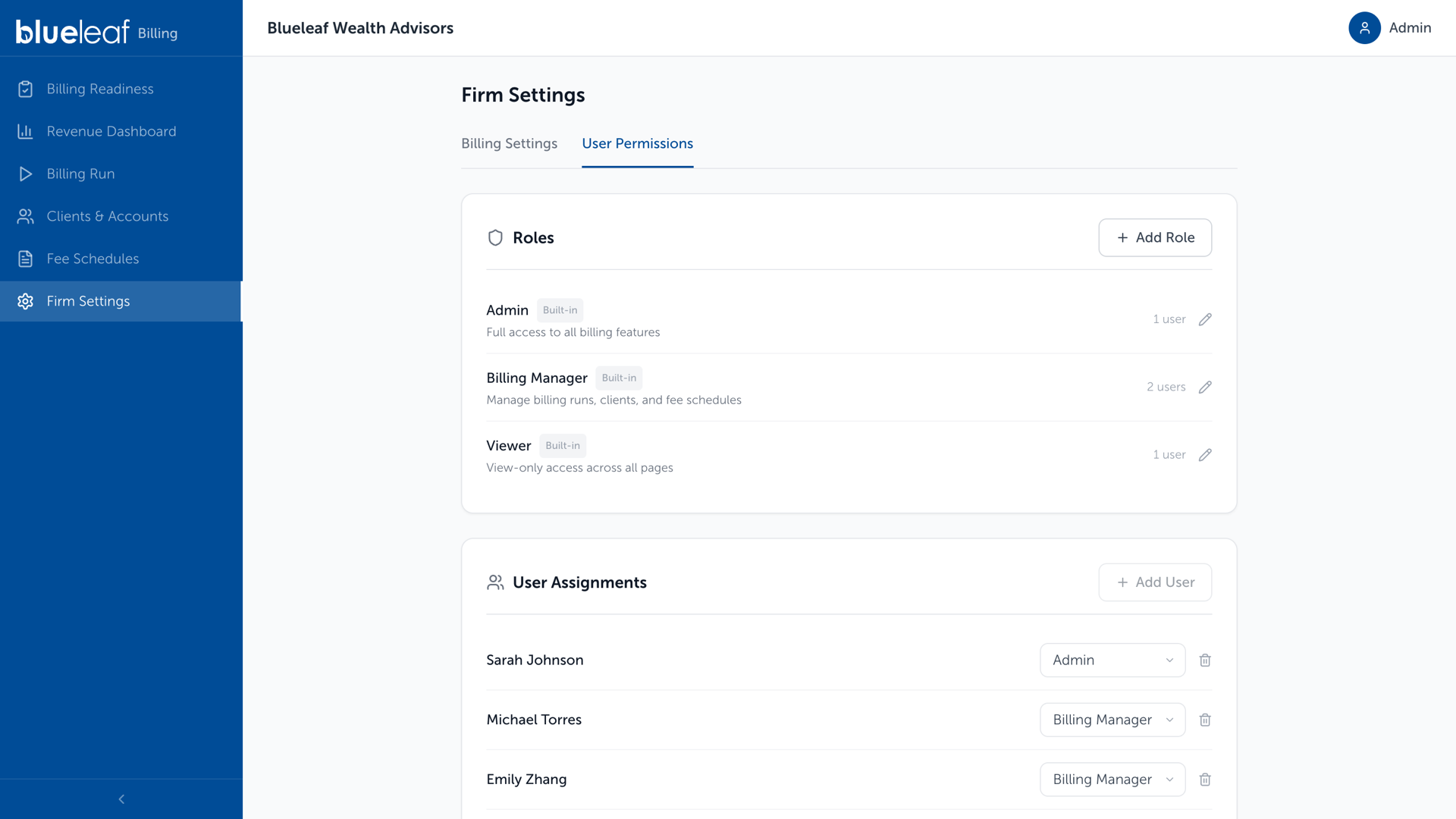 Firm Settings, User Permissions, showing the Roles and User Assignments cards