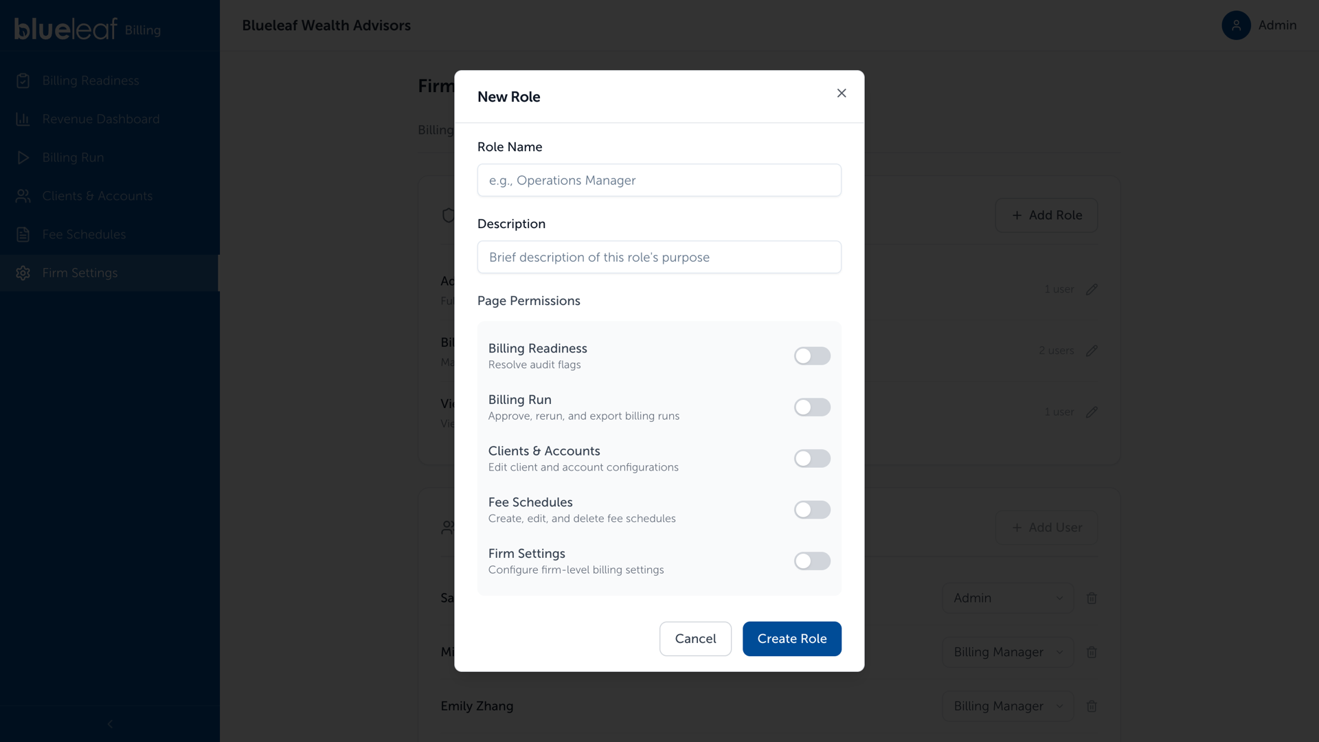 New Role dialog, Role Name, Description, and the Page Permissions toggles