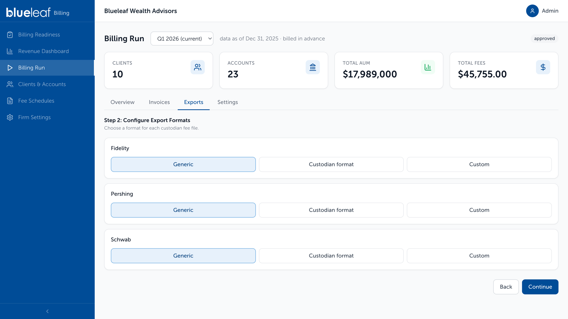Billing Run, Step 2, format choices per custodian