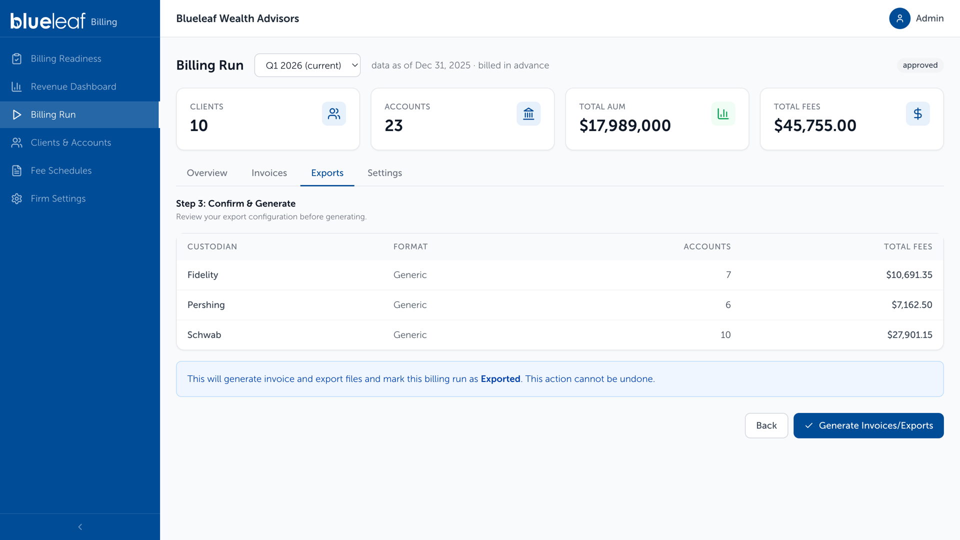 Billing Run, Step 3, confirming formats before generating