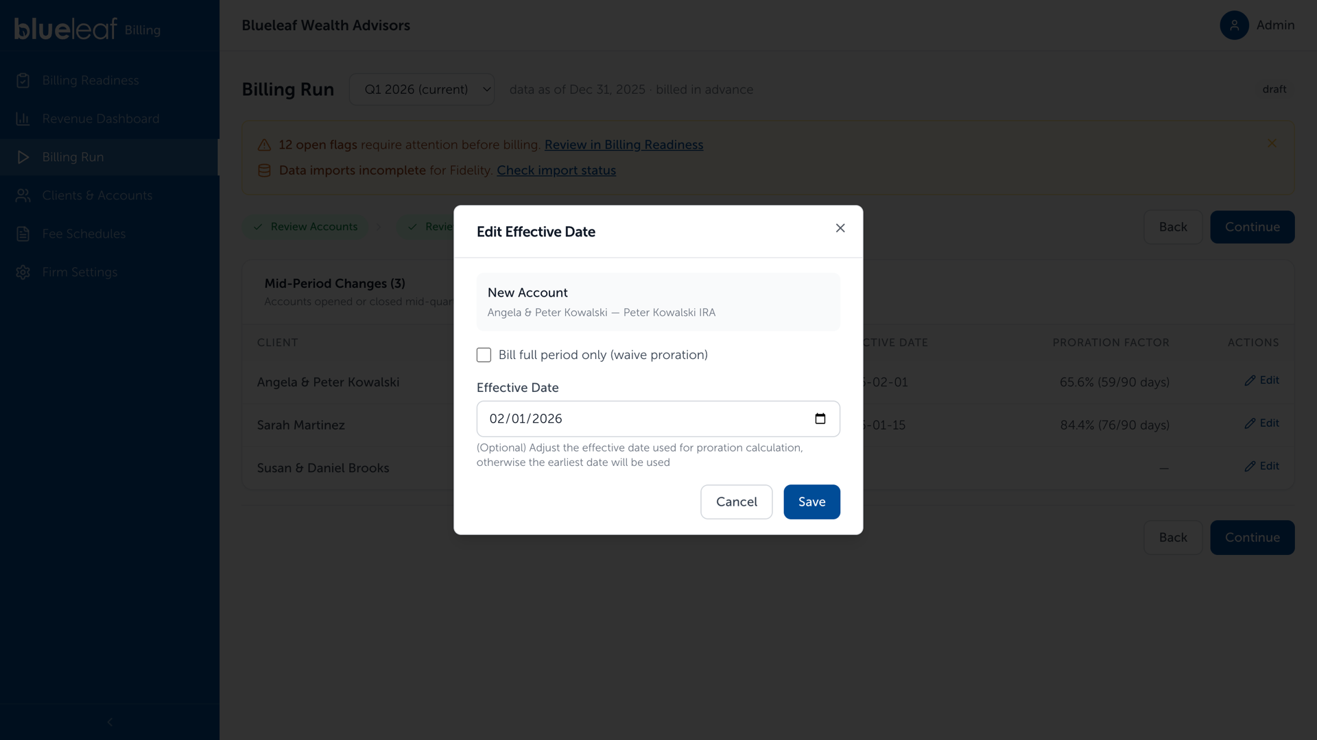 Edit Effective Date dialog on a New Account exception