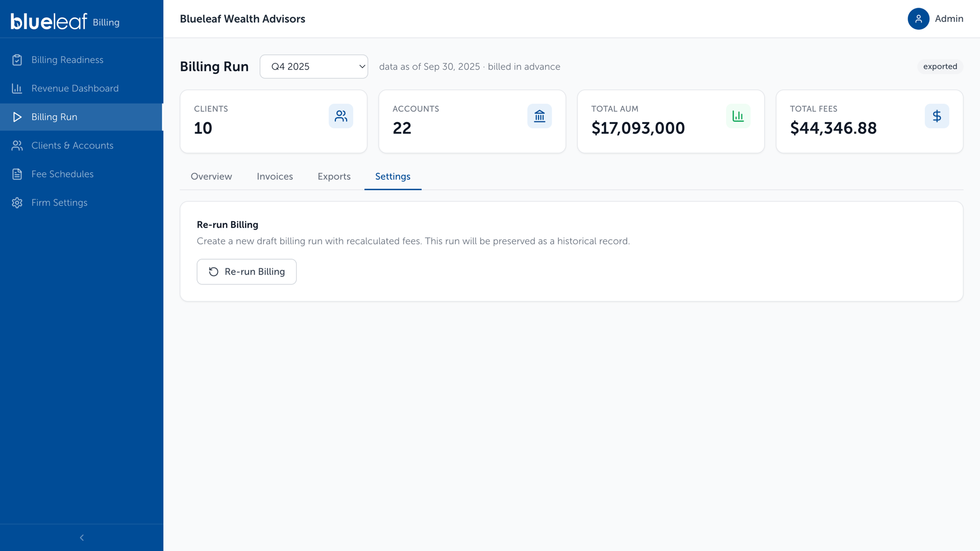 Billing Run, Settings tab, Re-run Billing