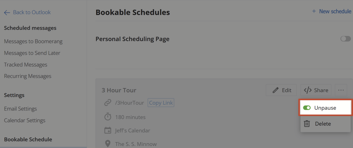 How to pause or delete a Bookable Schedule Boomerang for Outlook Help