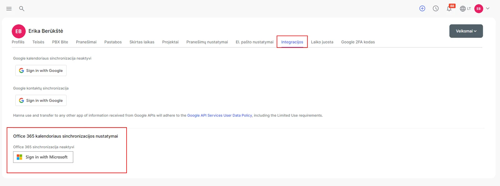 Integration setup screen 2