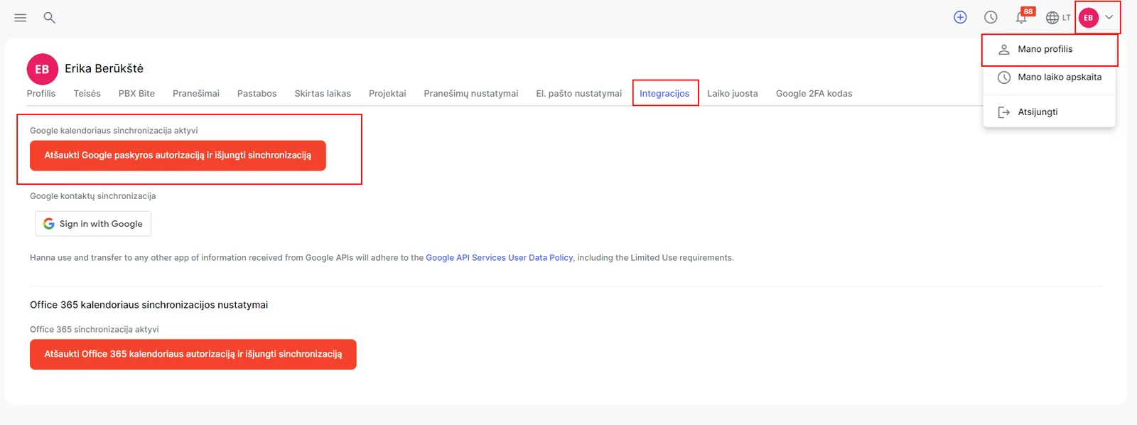 Integration setup screen 4