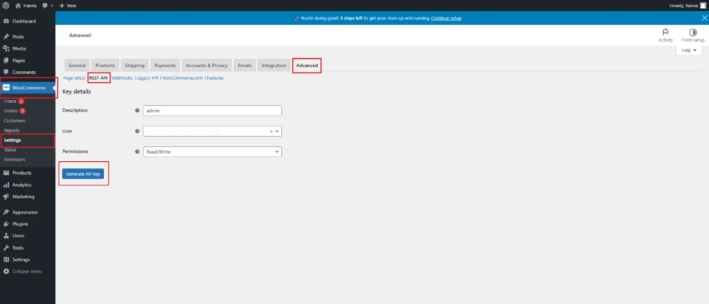 Integration setup screen 1