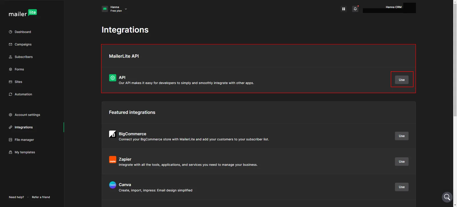 Integration setup screen 2