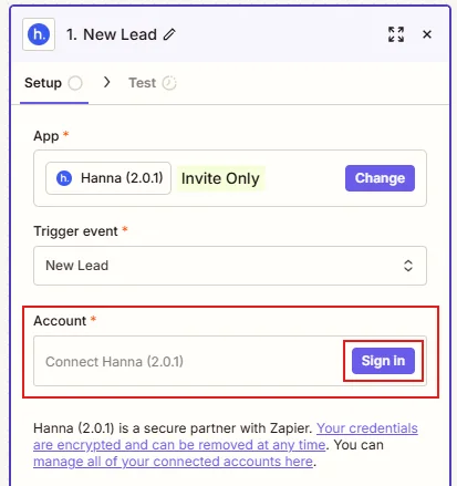 Integration setup screen 5