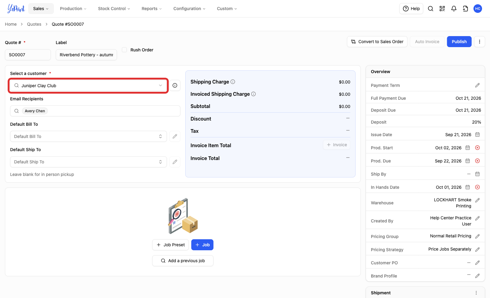 The quote with the new customer selected and the contact under Email Recipients