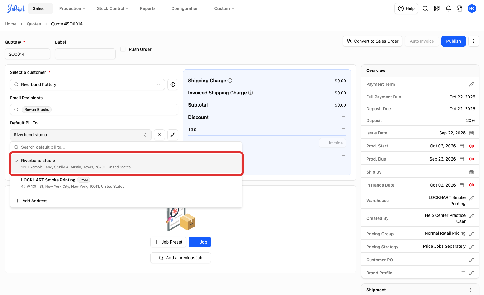 The Default Bill To list open, with the customer's saved address marked and Add Address at the foot of the list
