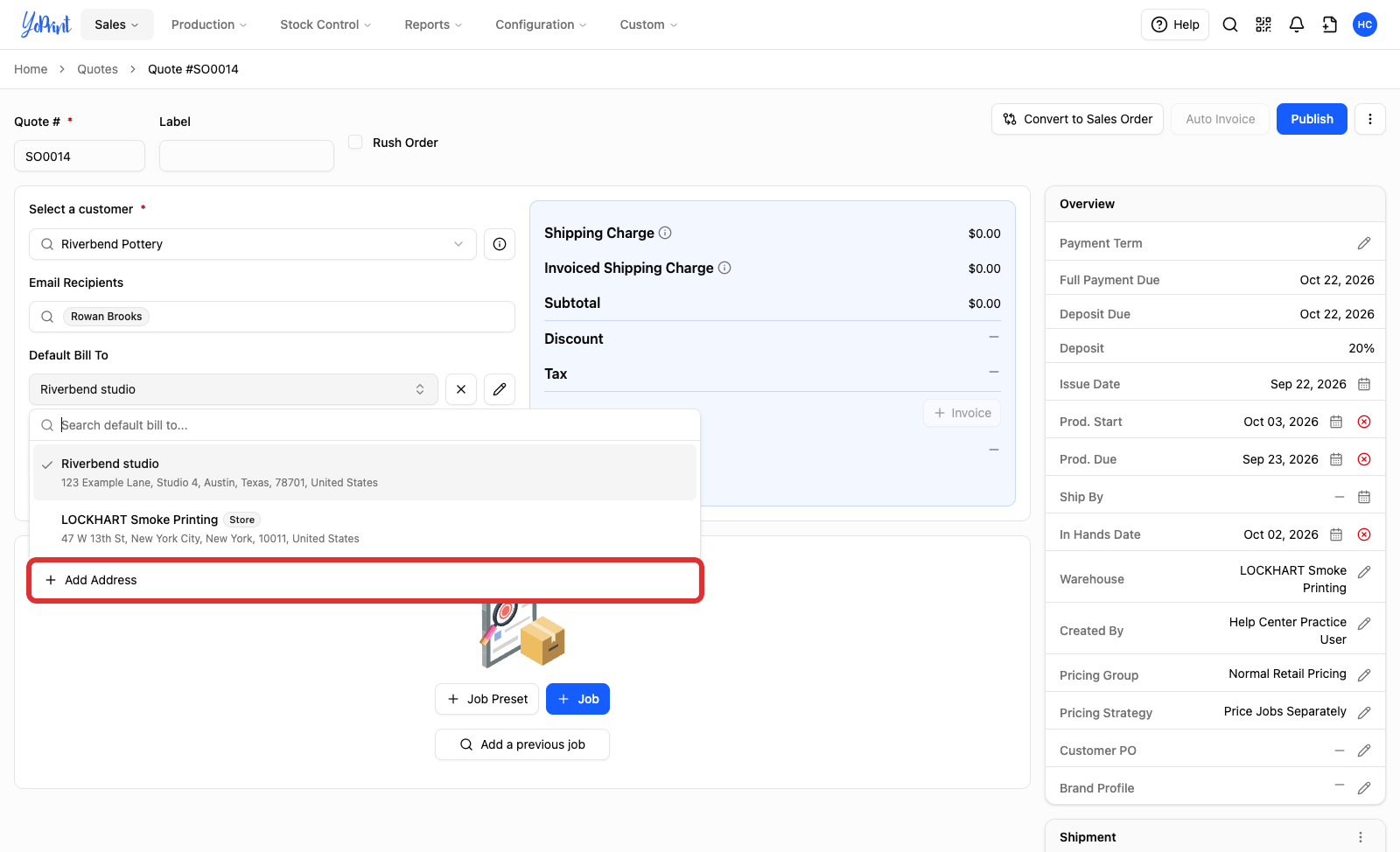 The Default Bill To list open with Add Address marked