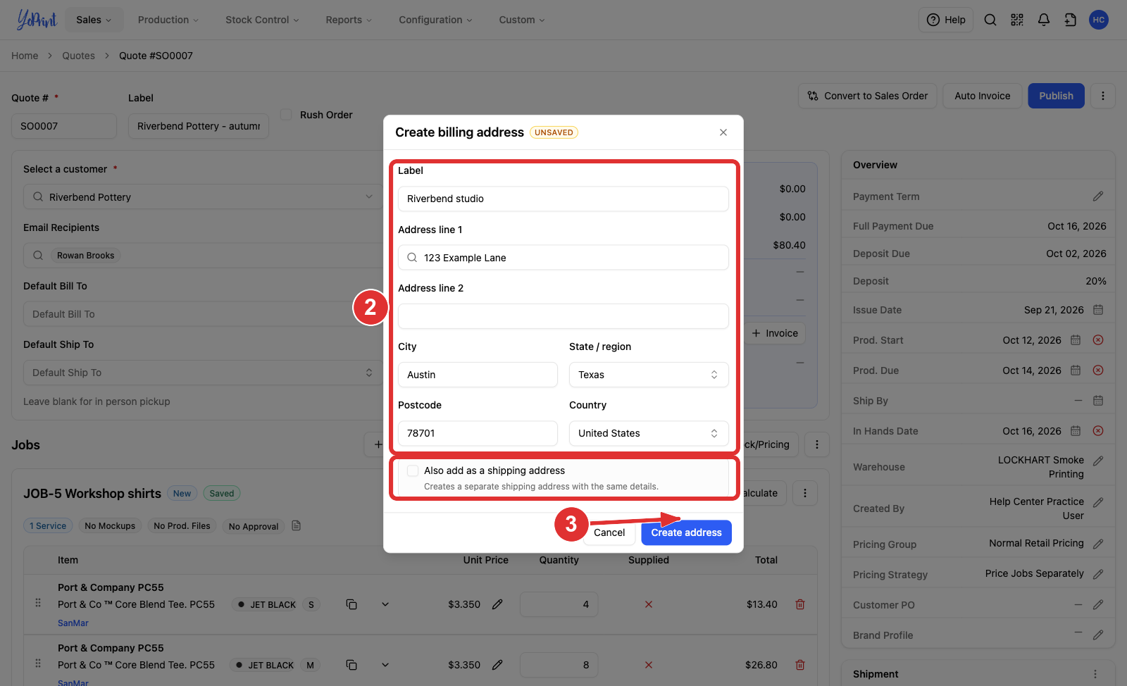 The Create billing address form with the billing details numbered 2, the optional shipping-address checkbox boxed, and Create address numbered 3