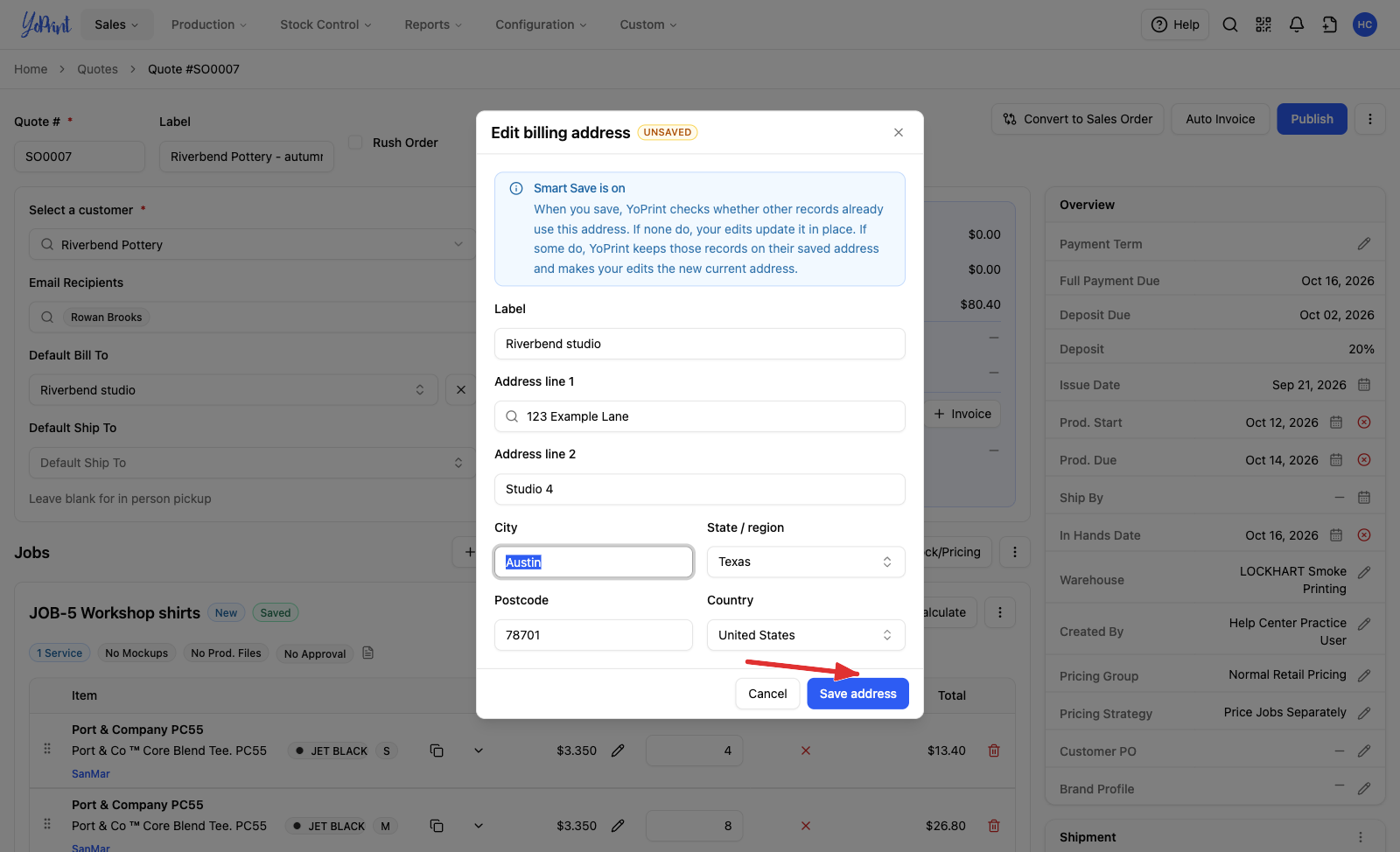 The Edit billing address form with Save address marked
