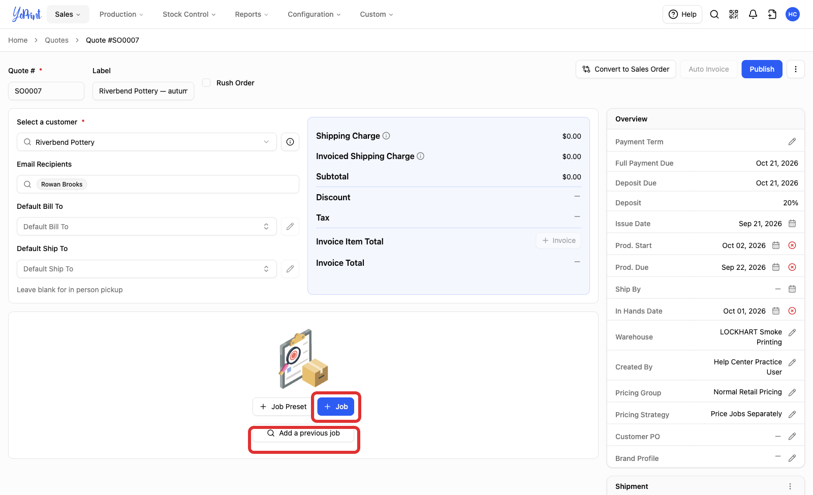 The quote's job controls with + Job and Add a previous job marked