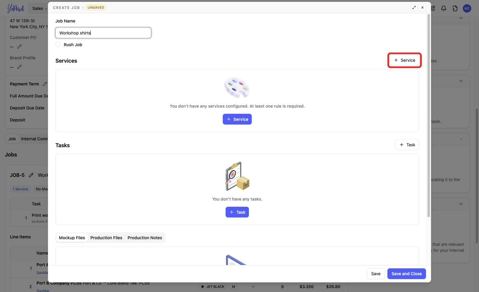 The Services area of Create Job with + Service marked