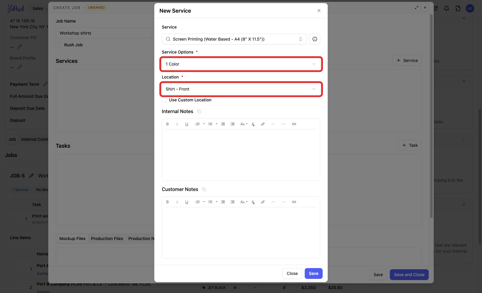 Service Options and Location filled in on the New Service form