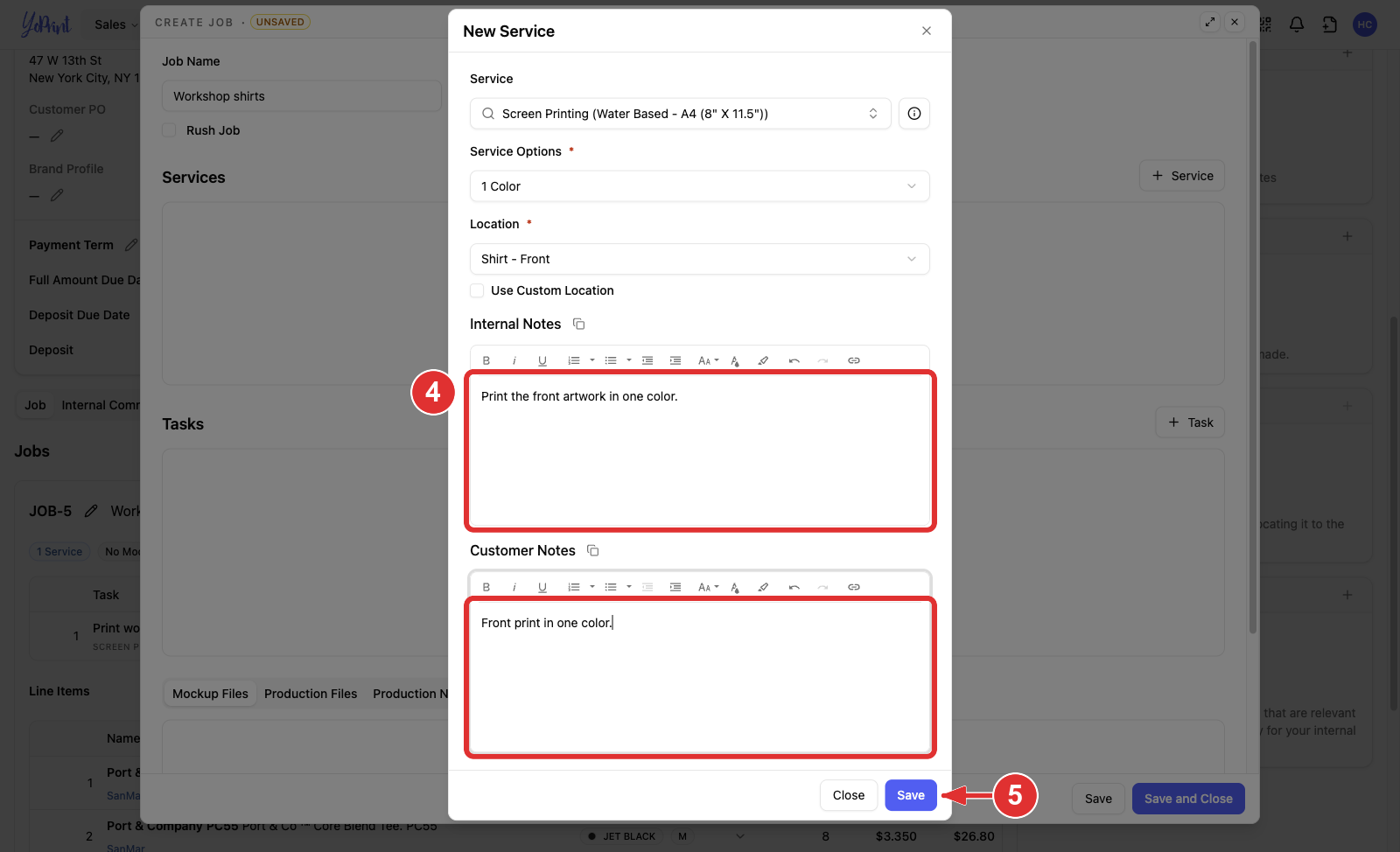 The complete New Service dialog with the note fields marked 4 and Save marked 5
