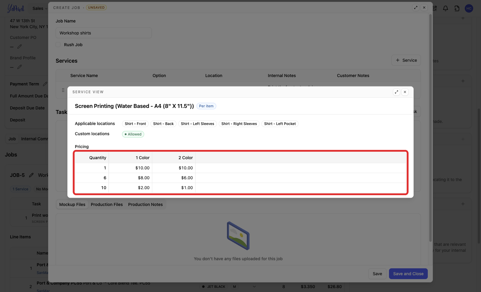 The full page with the service matrix open and its pricing table marked