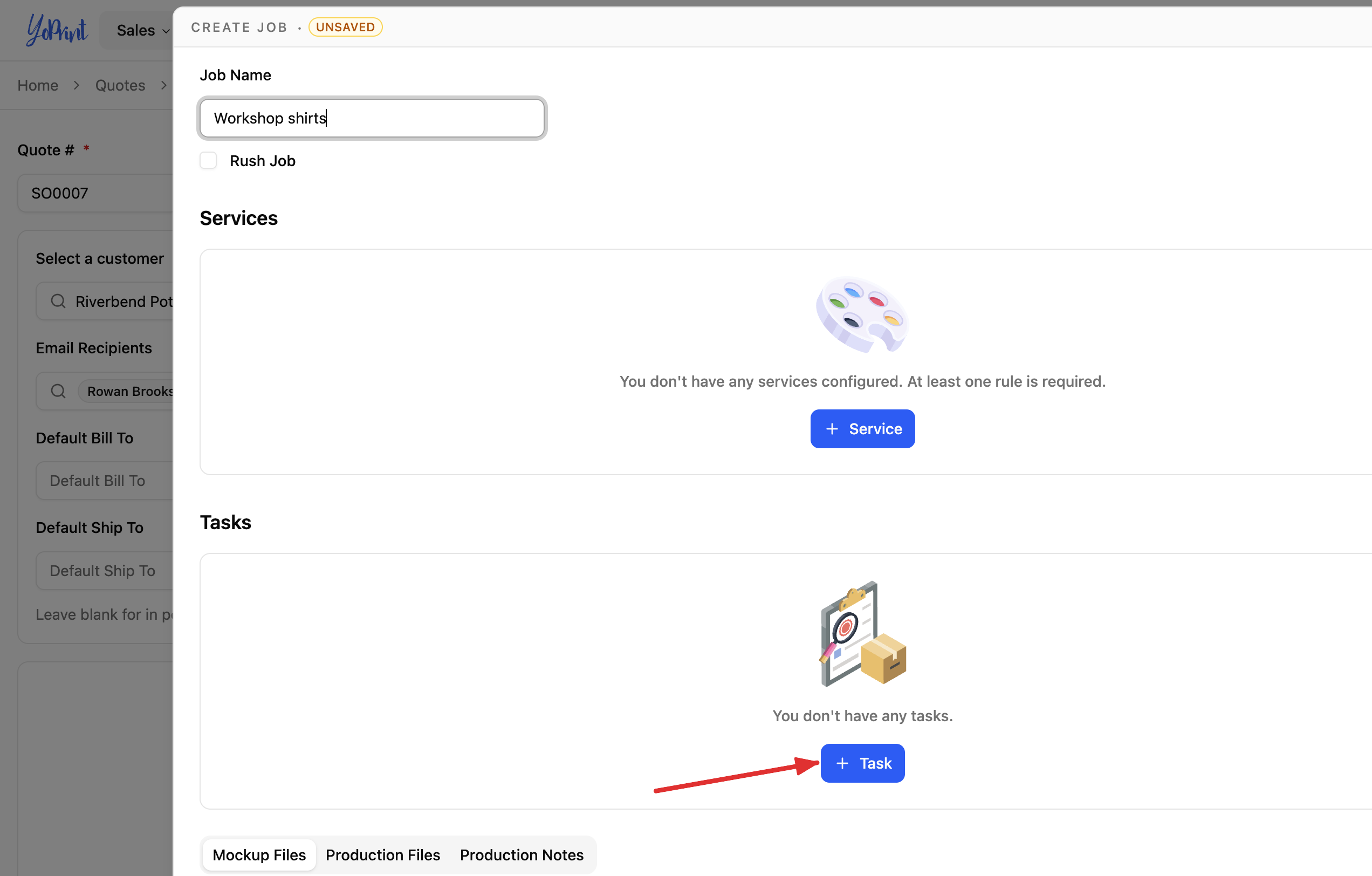 The Tasks area with + Task marked