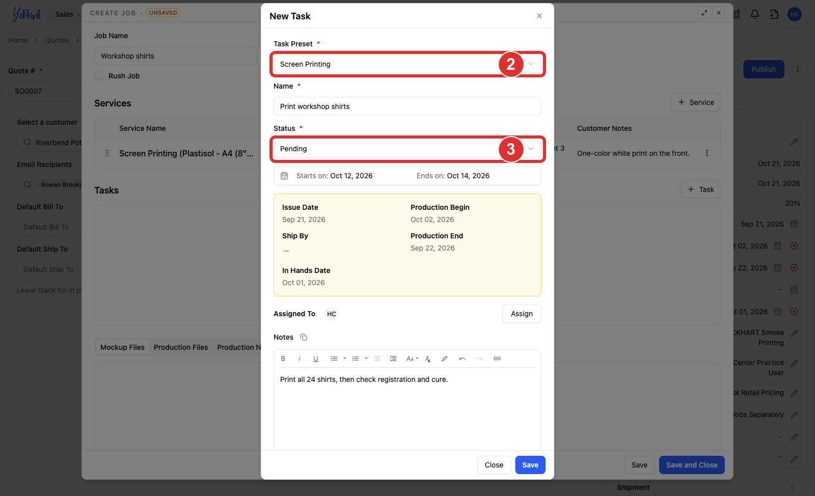 New Task with Task Preset numbered 2, the Name filled in and Status numbered 3