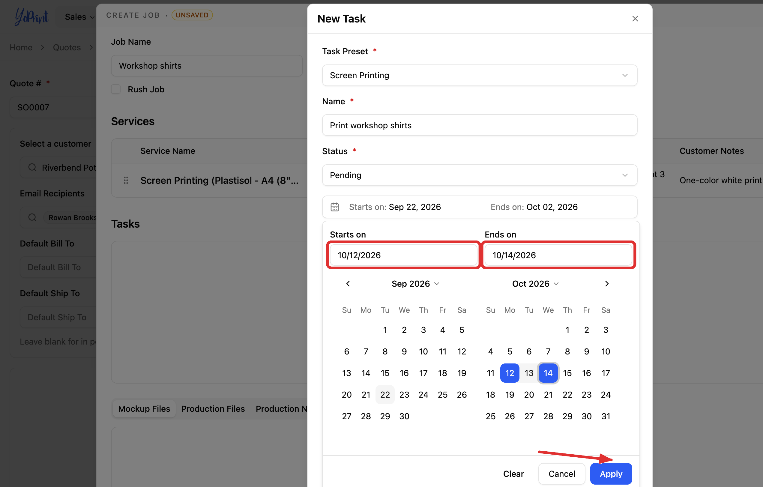 The task date picker with Starts on, Ends on and Apply marked