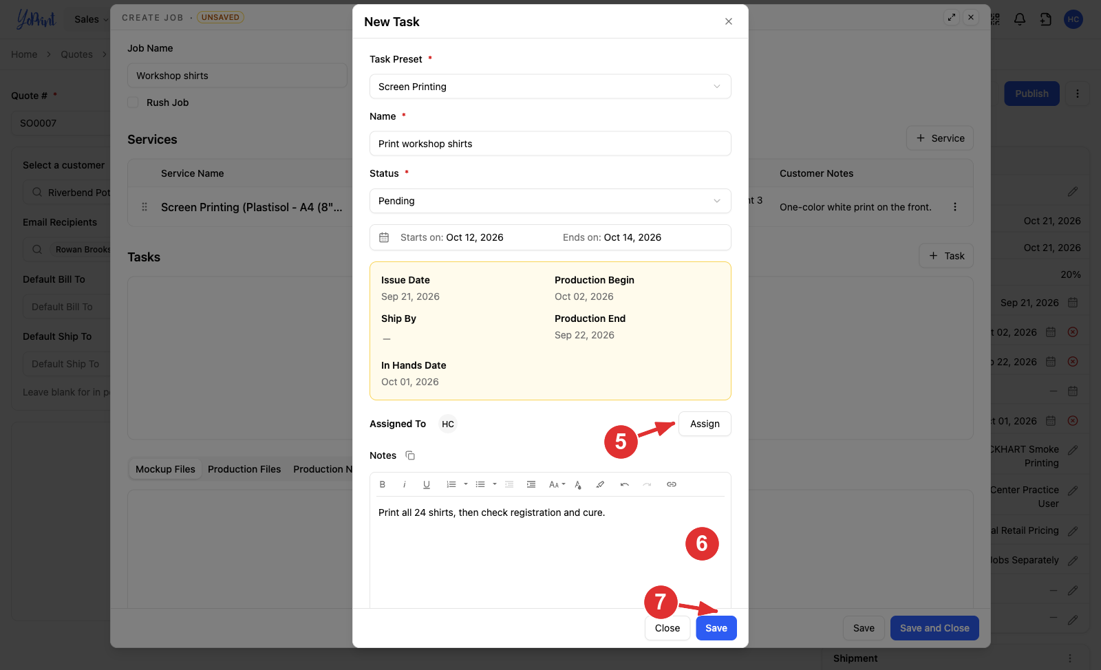 The lower part of the task form with Assign, Notes and Save numbered 5 to 7