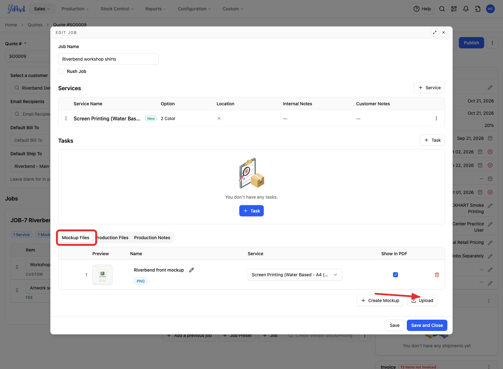 The Mockup Files tab with Upload marked