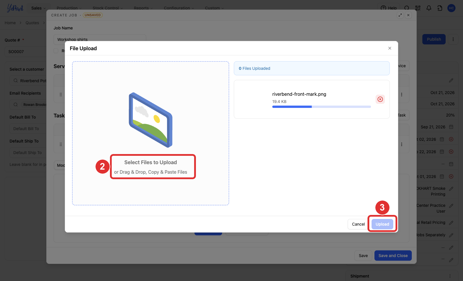 File Upload with Select Files to Upload numbered 2 and the final Upload button numbered 3
