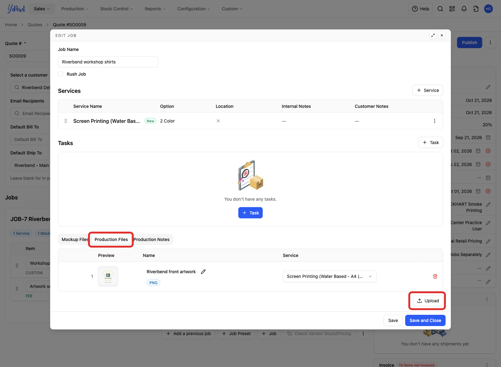 The Production Files tab with Upload marked
