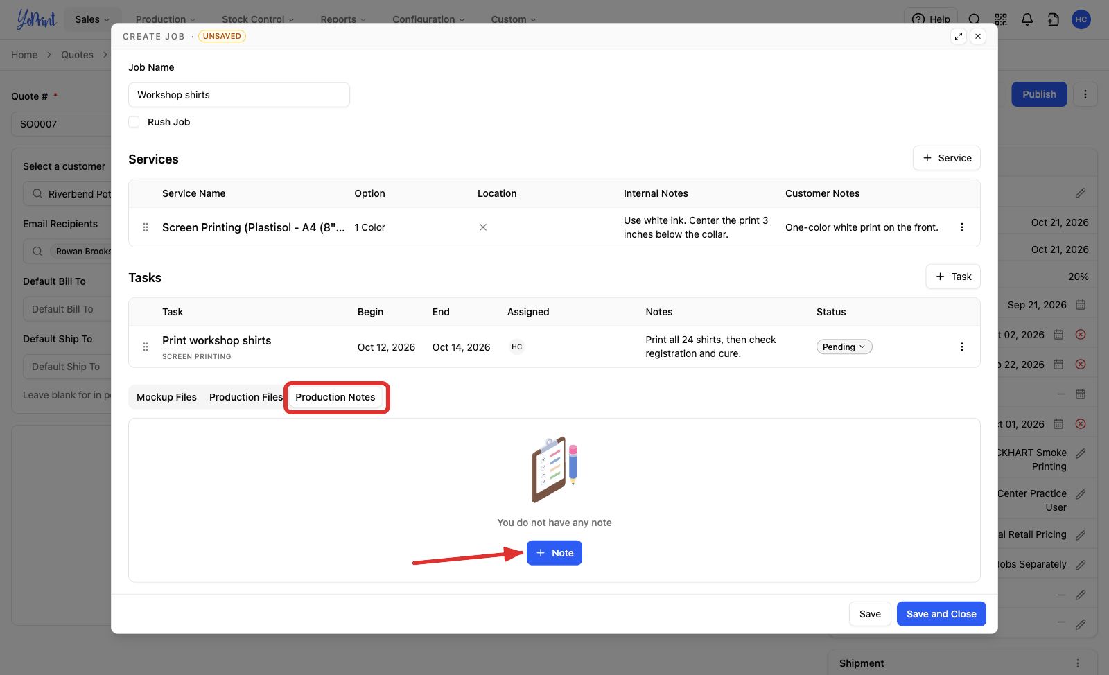 The Production Notes tab with + Note marked