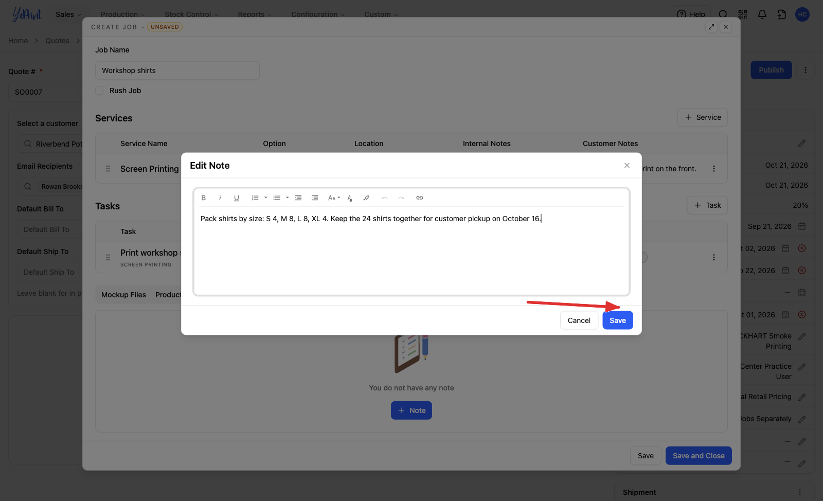 The Edit Note editor with Save marked