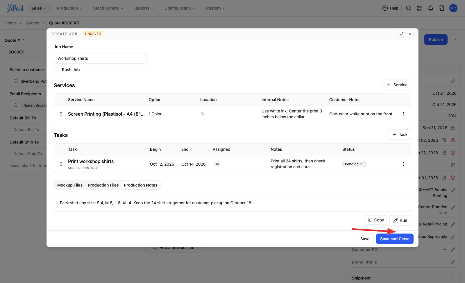 The job footer with Save and Close marked