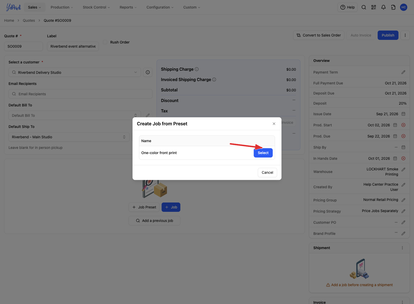 Create Job from Preset with Select marked